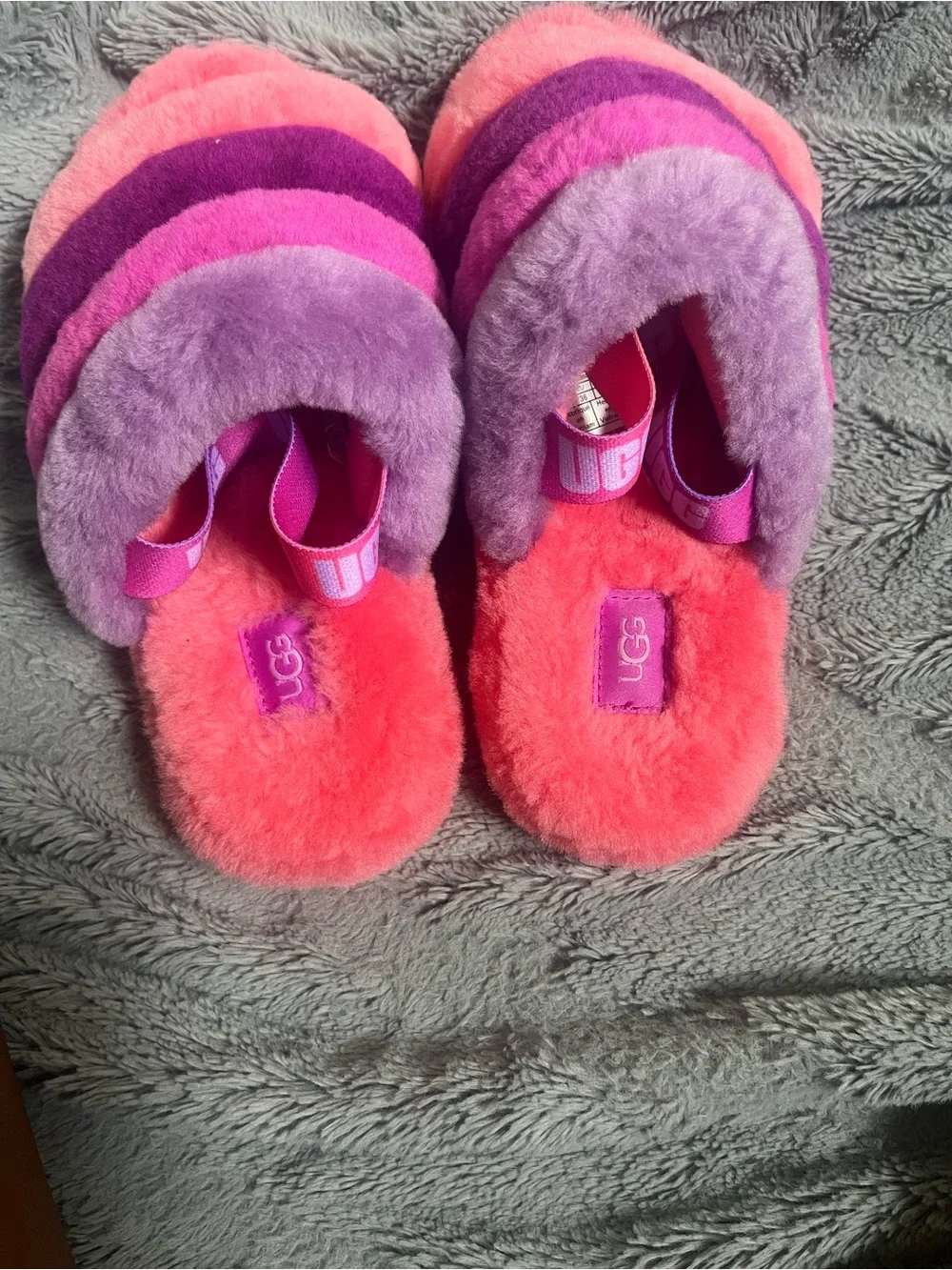UGG Kids Pink Purple Coral Fluffy Slide Sandals